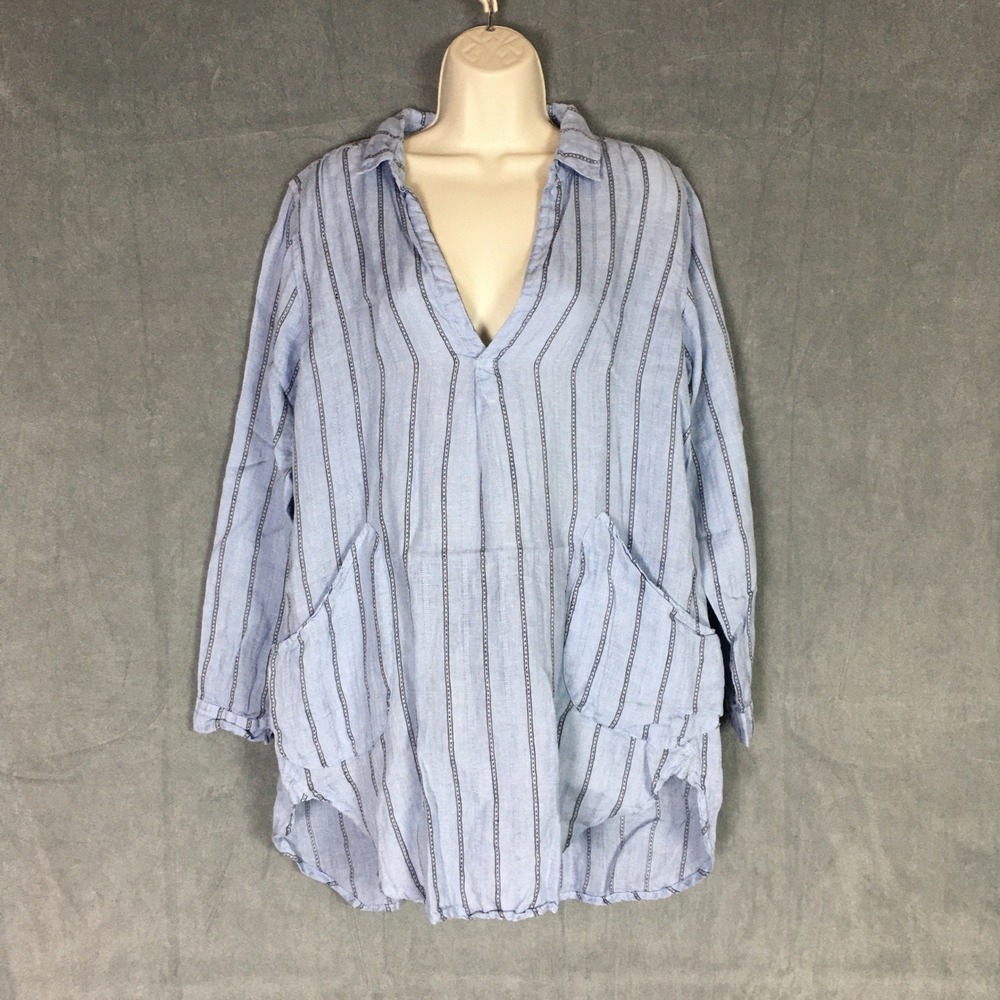 Free People x CP Shades Linen Tunic Top Pockets XS Blue Striped Made in USA